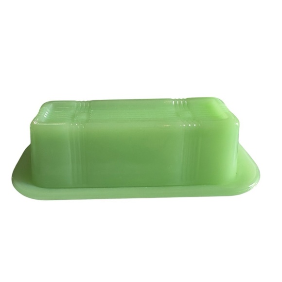 TPC Jadeite Butter Dish Green Glass Covered Tray Criss Cross Striped Retro - Picture 2 of 9